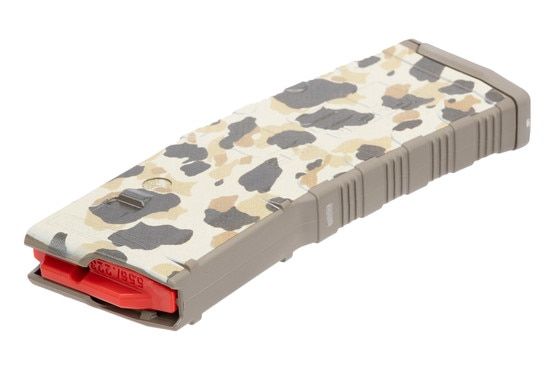 Amend2 5.56 rifle magazine with red follower and camo wrap